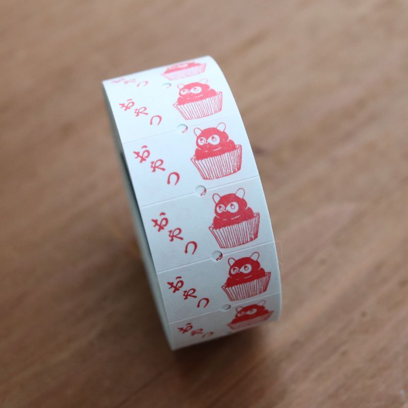 36オリジナル ラベラーロールシール たぬきケーキ おやつ 濃いピンク