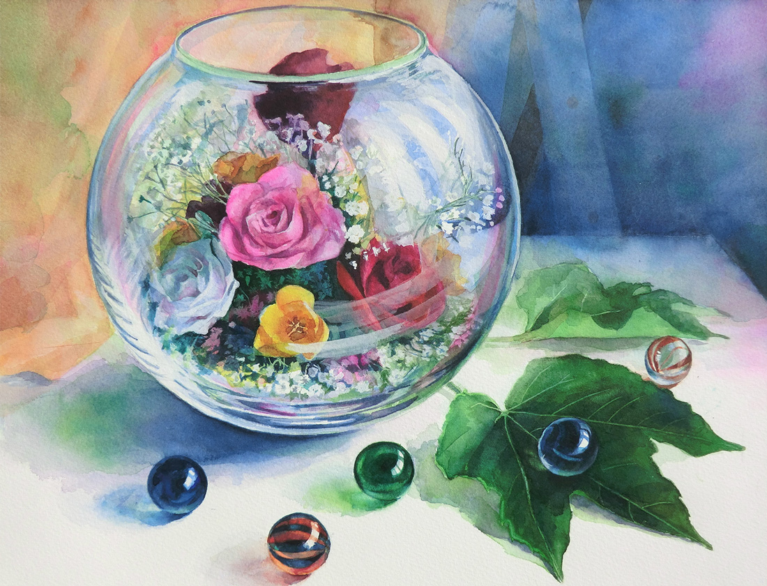 ガラスの中の花】 水彩F6号 | 水彩時間：水彩セラピー 水彩時間 水彩