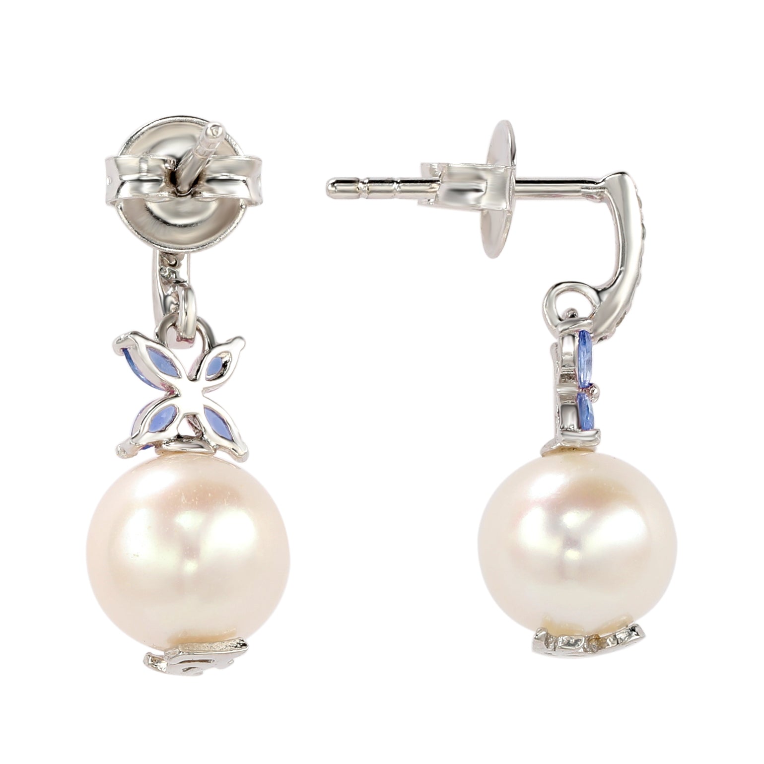 Suzy Levian Sterling Silver Pearl & Blue Sapphire Floral Earrings